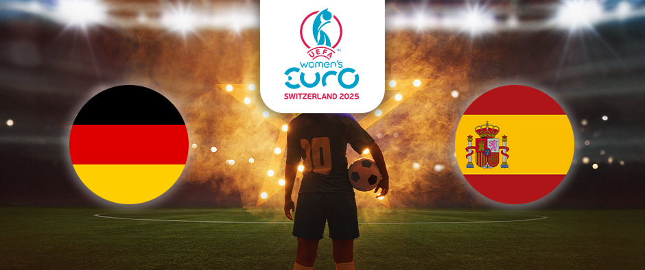 The image showcases a football player standing on the pitch, holding a ball under dramatic stadium lighting. On the left is the flag of Germany, featuring horizontal stripes of black, red, and gold. On the right is the flag of Spain, displaying horizontal stripes of red, yellow, and red with the national coat of arms. Centrally positioned above the player is the logo for the UEFA Women's Euro Switzerland 2025, indicating the context of the event. The background is illuminated, creating a striking and atmospheric scene.