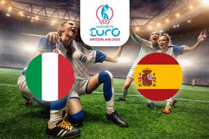 The image shows a group of football players celebrating on the pitch inside a stadium. On the left is the flag of Italy, featuring vertical stripes of green, white, and red. On the right is the flag of Spain, displaying horizontal stripes of red, yellow, and red with the national coat of arms. Centrally positioned above the players is the logo for the UEFA Women's Euro Switzerland 2025, setting the context for the event. The stadium lighting adds to the jubilant atmosphere.