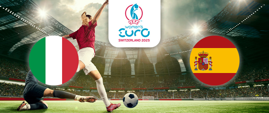 The image depicts a lively football match taking place in a stadium. On the left is the flag of Italy, characterised by its vertical stripes of green, white, and red. On the right is the flag of Spain, featuring horizontal stripes of red, yellow, and red with the national coat of arms. Centrally positioned above the action is the logo for the UEFA Women's Euro Switzerland 2025, adding context to the competitive setting. The stadium lights enhance the energetic atmosphere of the scene.