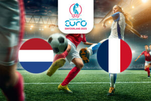 The image depicts an exciting football moment in a stadium during a match. On the left is the flag of the Netherlands, featuring horizontal stripes of red, white, and blue. On the right is the flag of France, with its vertical stripes of blue, white, and red. The players are in action, competing for control of the ball. Above the scene is the logo for the UEFA Women's Euro Switzerland 2025, providing context for the tournament. The stadium lights enhance the lively atmosphere of the game.