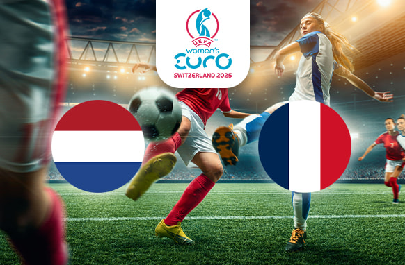 The image depicts an exciting football moment in a stadium during a match. On the left is the flag of the Netherlands, featuring horizontal stripes of red, white, and blue. On the right is the flag of France, with its vertical stripes of blue, white, and red. The players are in action, competing for control of the ball. Above the scene is the logo for the UEFA Women's Euro Switzerland 2025, providing context for the tournament. The stadium lights enhance the lively atmosphere of the game.