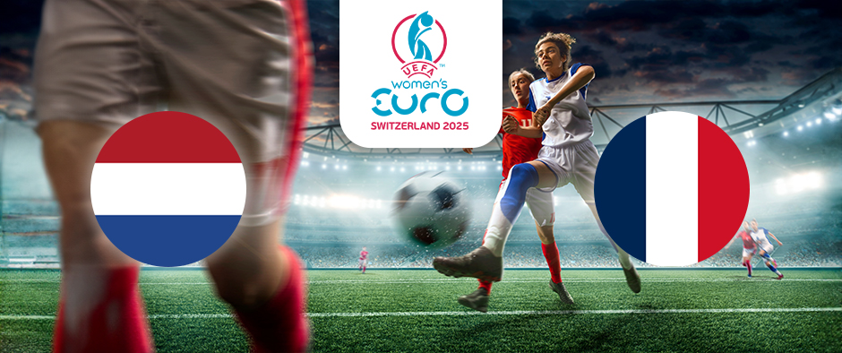 The image captures a dynamic football scene in a stadium, depicting action between competing players. On the left is the flag of the Netherlands with its horizontal stripes of red, white, and blue. On the right is the flag of France, featuring vertical stripes of blue, white, and red. Centrally positioned at the top is the logo for the UEFA Women's Euro Switzerland 2025, which sets the context for this competitive event. Stadium lights illuminate the exciting atmosphere of the match.