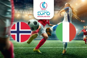 The image depicts an intense football match moment inside a stadium, with players actively competing for the ball. On the left is the flag of Norway, characterised by a blue cross outlined in white on a red background. On the right is the flag of Italy, featuring vertical stripes of green, white, and red. Centrally positioned above the scene is the logo for the UEFA Women's Euro Switzerland 2025, providing context to the event. Stadium lighting enhances the dynamic atmosphere of the game.