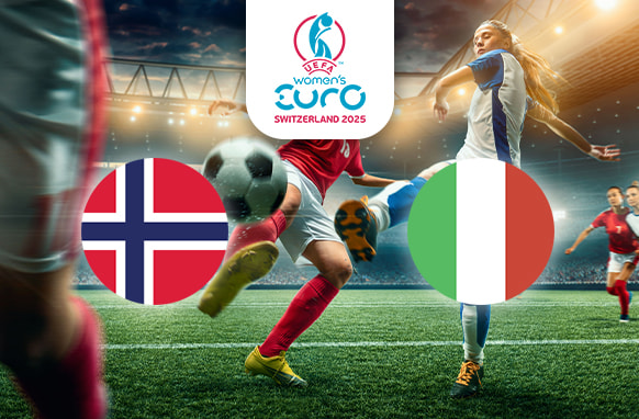 The image depicts an intense football match moment inside a stadium, with players actively competing for the ball. On the left is the flag of Norway, characterised by a blue cross outlined in white on a red background. On the right is the flag of Italy, featuring vertical stripes of green, white, and red. Centrally positioned above the scene is the logo for the UEFA Women's Euro Switzerland 2025, providing context to the event. Stadium lighting enhances the dynamic atmosphere of the game.