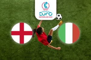 The image shows a football player executing a skillful overhead kick on a green pitch. To the left is the flag of England, featuring the red cross of St George on a white background. To the right is the flag of Italy, characterised by its vertical stripes of green, white, and red. Centrally positioned above the action is the logo for the UEFA Women's Euro Switzerland 2025, providing context for the event. The composition highlights the excitement and skillfulness present in the tournament.