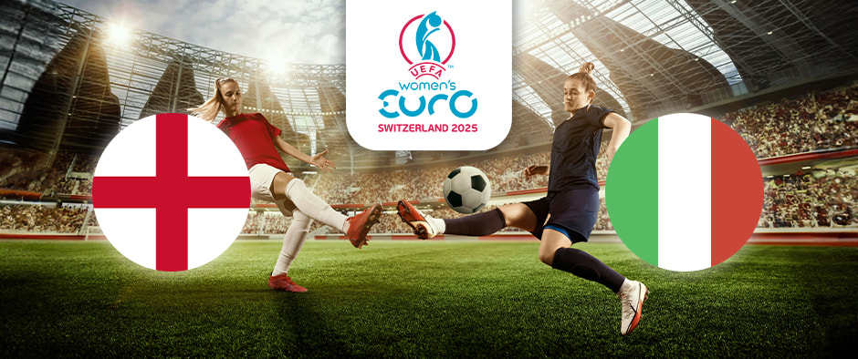 The image captures a dynamic football scene in a stadium, with players actively engaged in kicking the ball. On the left is the flag of England, featuring the red cross of St George on a white background. On the right is the flag of Italy, displaying vertical stripes of green, white, and red. Centrally positioned above the action is the logo for the UEFA Women's Euro Switzerland 2025, indicating the context of the match. The stadium is filled with spectators, adding to the competitive atmosphere.