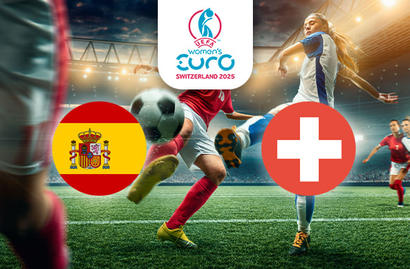The image depicts an exciting football match in a stadium, with players actively competing for the ball. On the left is the flag of Spain, featuring horizontal stripes of red, yellow, and red with the national coat of arms. On the right is the flag of Switzerland, displaying a white cross on a red background. Centrally positioned above the action is the logo for the UEFA Women's Euro Switzerland 2025, which provides context for the match. Stadium lights illuminate the vibrant atmosphere of the game.