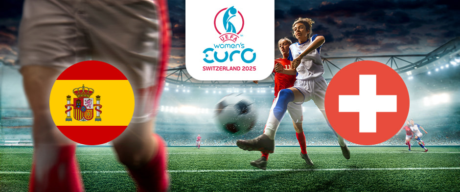 The image captures an action-packed football match within a stadium, with players in the midst of competition. On the left is the flag of Spain, showcasing horizontal stripes of red, yellow, and red with the national coat of arms. On the right is the flag of Switzerland, featuring a white cross on a red background. Centrally positioned above the scene is the logo for the UEFA Women's Euro Switzerland 2025, providing context for the event. The stadium lights illuminate the intense and dynamic atmosphere of the game.