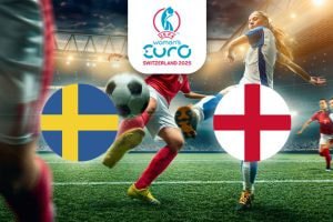 The image shows a vibrant football scene within a stadium, where players are actively competing for the ball. On the left is the flag of Sweden, featuring a blue field with a yellow Nordic cross. On the right is the flag of England, displaying the red cross of St George on a white background. Centrally positioned above the action is the logo for the UEFA Women's Euro Switzerland 2025, providing context for the competitive match. The stadium lights enhance the lively atmosphere of the event.