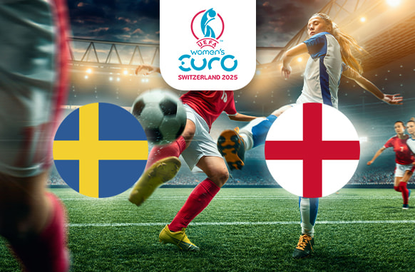The image shows a vibrant football scene within a stadium, where players are actively competing for the ball. On the left is the flag of Sweden, featuring a blue field with a yellow Nordic cross. On the right is the flag of England, displaying the red cross of St George on a white background. Centrally positioned above the action is the logo for the UEFA Women's Euro Switzerland 2025, providing context for the competitive match. The stadium lights enhance the lively atmosphere of the event.