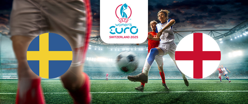 The image captures an intense football match in a stadium with players vying for the ball. On the left is the flag of Sweden, showing a blue field with a yellow Nordic cross. On the right is the flag of England, featuring the red cross of St George on a white background. Centrally positioned above the action is the logo for the UEFA Women's Euro Switzerland 2025, providing context for the sporting event. Stadium lights illuminate the dynamic and competitive atmosphere.