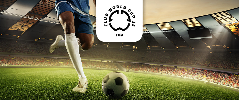  A dynamic image showing a footballer in blue and white kit, with white socks and boots, moving the black-and-white football across a green pitch. The action unfolds in a full stadium under a strikingly lit roof, capturing the intensity of the match. Above the scene is the FIFA Club World Cup 25 logo, underscoring the importance of the tournament.