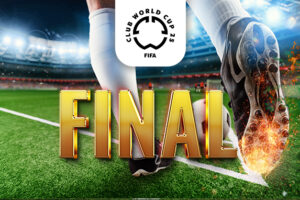 The image shows a close-up of a football player's legs on a pitch, with the ball in motion as if being kicked. Flames trail from the sole of the player's boot, adding a dynamic effect. Above this scene, the FIFA Club World Cup 2025 logo is displayed. In large, bold letters across the centre, the word "FINAL" is prominently featured, indicating the climax of the tournament.