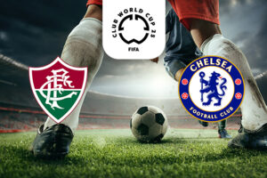 The image depicts an intense match scene with players' legs in focus, ready to engage with a football at their feet. On the left is the emblem of Fluminense, featuring a maroon and green design. On the right is the emblem of Chelsea Football Club, showcasing the iconic blue lion. Centrally positioned above the action is the logo for the FIFA Club World Cup 2025. The backdrop is of a stadium environment, adding to the competitive atmosphere of the scene.