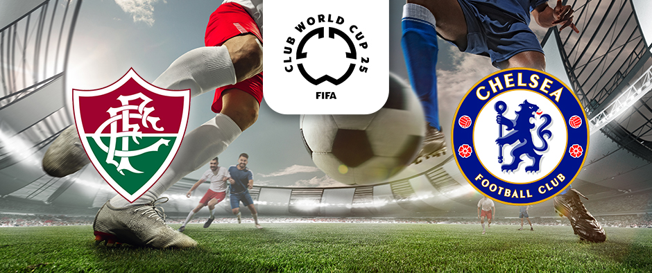 The image captures an action-packed football moment in a stadium. Two players are seen in dynamic motion, one wearing a red kit and the other in a blue kit, both engaged in play with a football. On the left is the emblem of Fluminense, featuring a distinctive maroon and green design. On the right is the emblem of Chelsea Football Club, showcasing the iconic blue lion. Centrally above the players is the logo for the FIFA Club World Cup 2025, set against a partly cloudy sky, enhancing the energetic atmosphere of the match.