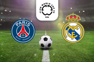 The image shows a football field under stadium lights with a football placed on the centre line. On the left is the emblem of Paris Saint-Germain (PSG) in blue with the Eiffel Tower symbol. On the right is the emblem of Real Madrid, featuring the iconic crown and yellow and blue colour scheme. Centrally positioned at the top is the logo for the FIFA Club World Cup 2025, creating a central theme for the image.