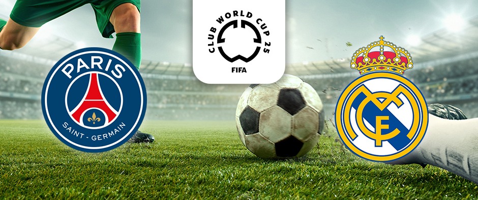 The image depicts an exciting football scene on a pitch. On the left side is the emblem of Paris Saint-Germain (PSG), marked with the iconic Eiffel Tower symbol in red and blue. On the right side is the emblem of Real Madrid, featuring the classic crown and yellow and blue colours. A football is shown in play on the field, with a player's leg in green kit poised for action. Centrally positioned at the top is the logo for the FIFA Club World Cup 2025, tying the elements together in this match setting.