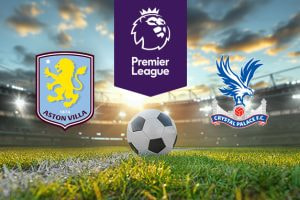 The image shows the logos of two Premier League football clubs, Aston Villa and Crystal Palace, displayed on a football pitch background with a football placed at the centre. The Aston Villa logo is on the left side, featuring a shield with a yellow lion and the text "Aston Villa" and "1874" below the lion. The Crystal Palace logo is on the right side, featuring an eagle with outstretched wings above a red and white football, with the text "Crystal Palace F.C." on a ribbon below. In the centre, above the football, there is the Premier League logo, consisting of a lion's head above the text "Premier League." The background depicts a football stadium with a dramatic sky during either sunrise or sunset, creating a dynamic and compelling atmosphere.