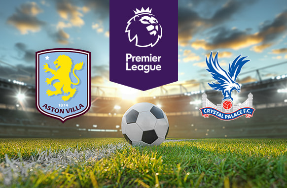 The image shows the logos of two Premier League football clubs, Aston Villa and Crystal Palace, displayed on a football pitch background with a football placed at the centre. The Aston Villa logo is on the left side, featuring a shield with a yellow lion and the text "Aston Villa" and "1874" below the lion. The Crystal Palace logo is on the right side, featuring an eagle with outstretched wings above a red and white football, with the text "Crystal Palace F.C." on a ribbon below. In the centre, above the football, there is the Premier League logo, consisting of a lion's head above the text "Premier League." The background depicts a football stadium with a dramatic sky during either sunrise or sunset, creating a dynamic and compelling atmosphere.