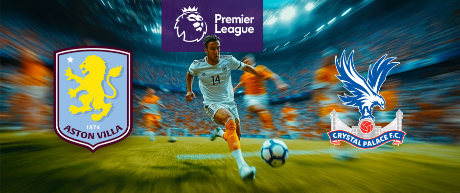 The image shows the logos of two Premier League football clubs, Aston Villa and Crystal Palace, displayed in front of a football player who is in action, running towards the ball. The Aston Villa logo is on the left side, featuring a shield with a yellow lion and the text "Aston Villa" and "1874" below the lion. The Crystal Palace logo is on the right side, featuring an eagle with outstretched wings above a red and white football, with the text "Crystal Palace F.C." on a ribbon below. In the centre, there is the Premier League logo, consisting of a lion's head above the text "Premier League." The background depicts a stadium filled with cheering fans and dramatic lighting, creating a dynamic and intense atmosphere.