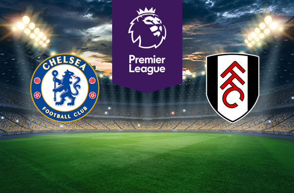 The image shows the logos of two Premier League football clubs, Chelsea and Fulham, displayed on a football pitch background. The Chelsea logo is on the left side, featuring a blue circle with a lion holding a staff in the centre, and the text "Chelsea Football Club" around the edge. The Fulham logo is on the right side, featuring a white shield with black outlines and the letters "FFC" in red. In the centre is the Premier League logo, consisting of a lion's head above the text "Premier League." The background depicts a lit football stadium with a dramatic, cloudy sky above, creating an intense and competitive atmosphere.