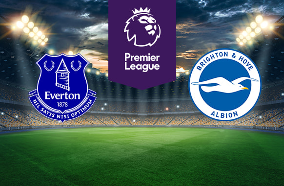 The image shows the logos of two Premier League football clubs, Everton and Brighton & Hove Albion, displayed on a football pitch background. The Everton logo is on the left side, featuring a blue shield with a depiction of Prince Rupert's Tower, laurel wreaths on either side, and the club's motto "Nil Satis Nisi Optimum" along with the text "Everton 1878." The Brighton & Hove Albion logo is on the right side, featuring a blue circle with a white seagull flying across it and the text "Brighton & Hove Albion." In the centre, there is the Premier League logo, consisting of a lion's head above the text "Premier League." The background depicts a lit football stadium with a dramatic, cloudy sky above, creating an intense and competitive atmosphere.