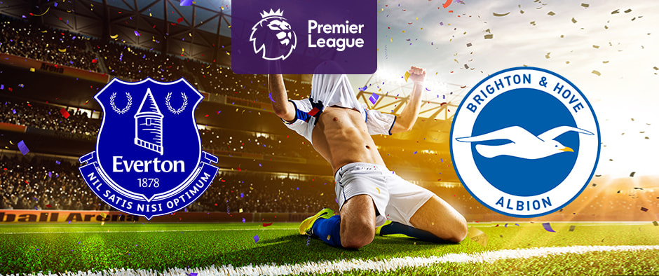 The image shows the logos of two Premier League football clubs, Everton and Brighton & Hove Albion, displayed in front of a jubilant football player who is sliding on his knees in celebration. The Everton logo is on the left side, featuring a blue shield with a depiction of Prince Rupert's Tower, laurel wreaths on either side, and the club's motto "Nil Satis Nisi Optimum" along with the text "Everton 1878." The Brighton & Hove Albion logo is on the right side, featuring a blue circle with a white seagull flying across it and the text "Brighton & Hove Albion." In the centre, there is the Premier League logo, consisting of a lion's head above the text "Premier League." The background depicts a stadium filled with cheering fans and confetti raining down, creating a celebratory atmosphere.