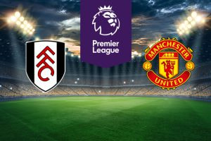The image shows the logos of two Premier League football clubs, Fulham and Manchester United, displayed on a football pitch background. The Fulham logo is on the left side, featuring a white shield with black outlines and the letters "FFC" in black. The Manchester United logo is on the right side, featuring a red and yellow shield with a ship, a football, and the text "Manchester United." In the centre, there is the Premier League logo, consisting of a lion's head above the text "Premier League." The background depicts a lit football stadium with a dramatic, cloudy sky above, creating an intense and competitive atmosphere.