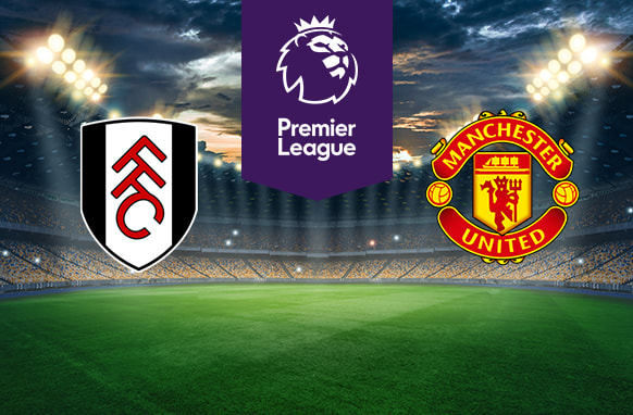 The image shows the logos of two Premier League football clubs, Fulham and Manchester United, displayed on a football pitch background. The Fulham logo is on the left side, featuring a white shield with black outlines and the letters "FFC" in black. The Manchester United logo is on the right side, featuring a red and yellow shield with a ship, a football, and the text "Manchester United." In the centre, there is the Premier League logo, consisting of a lion's head above the text "Premier League." The background depicts a lit football stadium with a dramatic, cloudy sky above, creating an intense and competitive atmosphere.