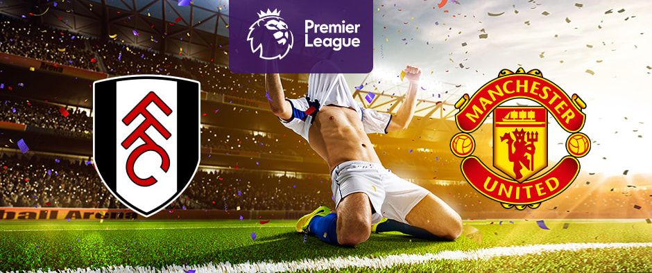 The image shows the logos of two Premier League football clubs, Fulham and Manchester United, displayed in front of a jubilant football player who is sliding on his knees in celebration. The Fulham logo is on the left side, featuring a white shield with black outlines and the letters "FFC" in red. The Manchester United logo is on the right side, featuring a red and yellow shield with a ship, a football, and the text "Manchester United." In the centre, there is the Premier League logo, consisting of a lion's head above the text "Premier League." The background depicts a stadium filled with cheering fans and confetti raining down, creating a celebratory atmosphere.
