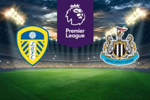 The image shows the logos of two Premier League football clubs, Leeds United and Newcastle United, displayed on a football pitch background. The Leeds United logo is on the left side, featuring a white rose with a football in the centre, inside a blue and yellow shield, with the letters 