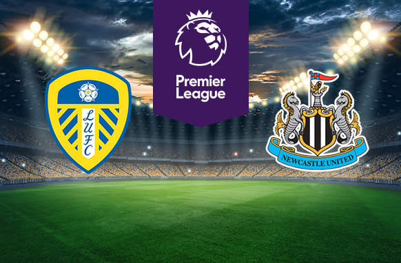The image shows the logos of two Premier League football clubs, Leeds United and Newcastle United, displayed on a football pitch background. The Leeds United logo is on the left side, featuring a white rose with a football in the centre, inside a blue and yellow shield, with the letters "LUFC" written vertically on a white stripe. The Newcastle United logo is on the right side, featuring a crest with two seahorses on either side of a black and white shield, a lion above holding a flag, and a banner with the text "Newcastle United." In the centre, there is the Premier League logo, consisting of a lion's head above the text "Premier League." The background depicts a lit football stadium with a dramatic, cloudy sky above, creating an intense and competitive atmosphere.