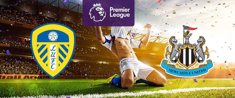 The image shows the logos of two Premier League football clubs, Leeds United and Newcastle United, displayed in front of a jubilant football player who is sliding on his knees in celebration. The Leeds United logo is on the left side, featuring a white rose with a football in the centre, inside a blue and yellow shield, with the letters "LUFC" written vertically on a white stripe. The Newcastle United logo is on the right side, featuring a crest with two seahorses on either side of a black and white shield, a lion above holding a flag, and a banner with the text "Newcastle United." In the centre, there is the Premier League logo, consisting of a lion's head above the text "Premier League." The background depicts a stadium filled with cheering fans and confetti raining down, creating a celebratory atmosphere.