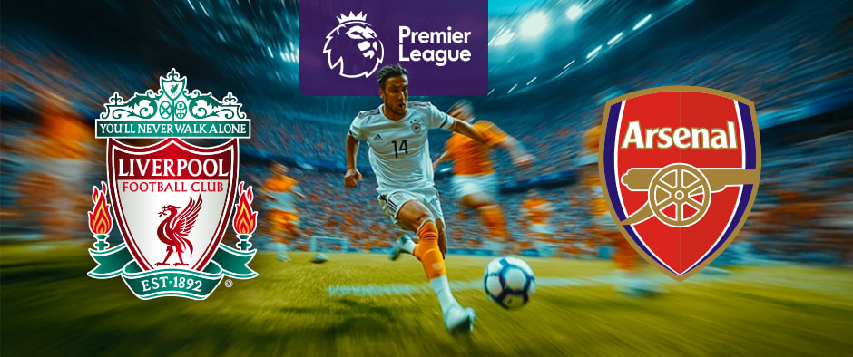 The image shows the logos of two Premier League football clubs, Liverpool and Arsenal, displayed in front of a football player who is in action, running towards the ball. The Liverpool logo is on the left side, featuring a traditional crest design with elements such as the Liver bird and the text "Liverpool Football Club" along with "You'll Never Walk Alone" incorporated above, and "Est. 1892" in a banner below. The Arsenal logo is on the right side, featuring a red shield with a gold cannon and the text "Arsenal" above it. In the centre, there is the Premier League logo, consisting of a lion's head above the text "Premier League." The background depicts a stadium filled with cheering fans and dramatic lighting, creating a dynamic and intense atmosphere.