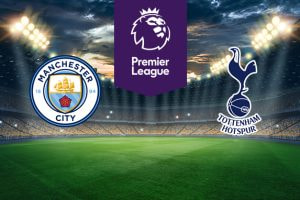 The image shows the logos of two Premier League football clubs, Manchester City and Tottenham Hotspur, displayed on a football pitch background. The Manchester City logo is on the left side, featuring a circular badge with a ship, a red rose, and the text "Manchester City" and "1894." The Tottenham Hotspur logo is on the right side, featuring a cockerel standing on a football and the text "Tottenham Hotspur." In the centre, there is the Premier League logo, consisting of a lion's head above the text "Premier League." The background depicts a lit football stadium with a dramatic, cloudy sky above.