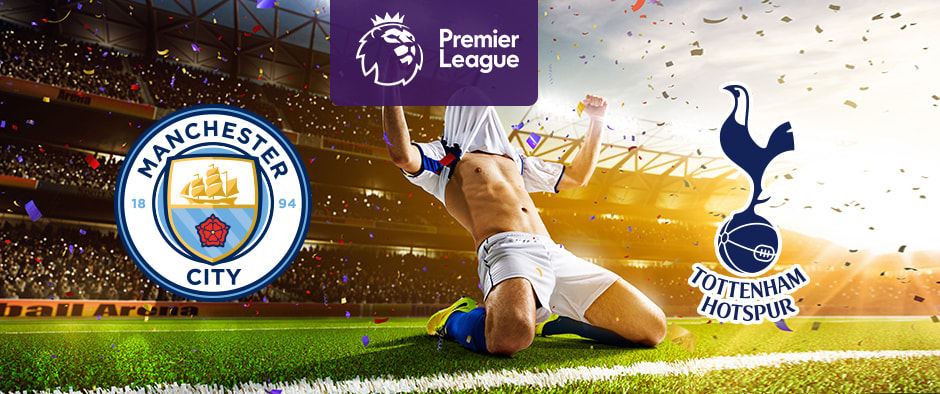 The image shows the logos of two Premier League football clubs, Manchester City and Tottenham Hotspur, displayed in front of a jubilant football player who is sliding on his knees in celebration. The Manchester City logo is on the left side, featuring a circular badge with a ship, a red rose, and the text "Manchester City" and "1894." The Tottenham Hotspur logo is on the right side, featuring a cockerel standing on a football with the text "Tottenham Hotspur." In the centre, there is the Premier League logo, consisting of a lion's head above the text "Premier League." The background depicts a stadium filled with cheering fans and confetti raining down, creating a celebratory atmosphere.