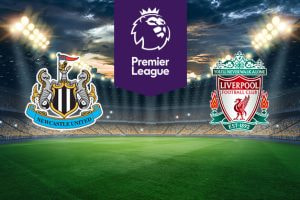 The image shows the logos of two Premier League football clubs, Newcastle United and Liverpool, displayed on a football pitch background. The Newcastle United logo is on the left side, featuring a crest with two seahorses on either side of a black and white shield, a lion above holding a flag, and a banner with the text 