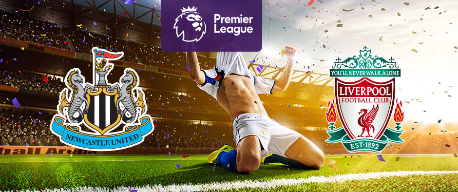 The image shows the logos of two Premier League football clubs, Newcastle United and Liverpool, displayed in front of a jubilant football player who is sliding on his knees in celebration. The Newcastle United logo is on the left side, featuring a crest with two seahorses on either side of a black and white shield, a lion above holding a flag, and a banner with the text "Newcastle United." The Liverpool logo is on the right side, featuring a crest with a depiction of the Liver bird, flames on either side, and a banner with the text "You'll Never Walk Alone" above "Liverpool Football Club Est. 1892." In the centre, there is the Premier League logo, consisting of a lion's head above the text "Premier League." The background depicts a stadium filled with cheering fans and confetti raining down, creating a celebratory atmosphere.