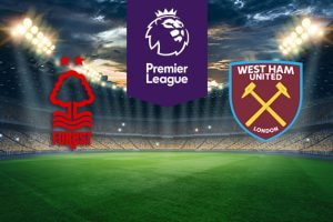 The image shows the logos of two Premier League football clubs, Nottingham Forest and West Ham United, displayed on a football pitch background. The Nottingham Forest logo is on the left side, featuring a stylized tree with flowing lines representing waves beneath it, and the word 