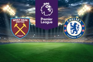The image shows the logos of two Premier League football clubs, West Ham United and Chelsea, displayed on a football pitch background. The West Ham United logo is on the left side, featuring a shield with crossed hammers and the text 