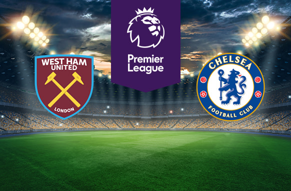 The image shows the logos of two Premier League football clubs, West Ham United and Chelsea, displayed on a football pitch background. The West Ham United logo is on the left side, featuring a shield with crossed hammers and the text "West Ham United London." The Chelsea logo is on the right side, featuring a blue circle with a lion holding a staff, surrounded by the text "Chelsea Football Club" and ornamental elements. In the centre, there is the Premier League logo, consisting of a lion's head above the text "Premier League." The background depicts a lit football stadium with a dramatic, cloudy sky above.