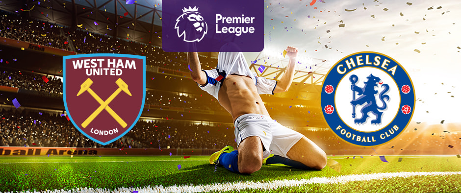 The image shows the logos of two Premier League football clubs, West Ham United and Chelsea, displayed in front of a jubilant football player who is sliding on his knees in celebration. The West Ham United logo is on the left side, featuring a shield with crossed hammers and the text "West Ham United London." The Chelsea logo is on the right side, featuring a blue circle with a lion holding a staff, surrounded by the text "Chelsea Football Club" and ornamental elements. In the centre, there is the Premier League logo, consisting of a lion's head above the text "Premier League." The background depicts a stadium filled with cheering fans and confetti raining down, creating a celebratory atmosphere.