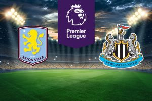 The image shows the logos of two Premier League football clubs, Aston Villa and Newcastle United, displayed on a football pitch background. The Aston Villa logo is on the left side, featuring a yellow lion and the text
