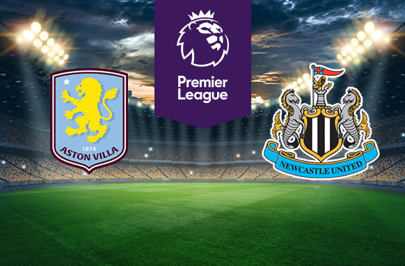 The image shows the logos of two Premier League football clubs, Aston Villa and Newcastle United, displayed on a football pitch background. The Aston Villa logo is on the left side, featuring a yellow lion and the text "1874" and "Aston Villa." The Newcastle United logo is on the right side, featuring two seahorses and a castle with a red flag, along with the text "Newcastle United." In the centre, there is the Premier League logo, consisting of a lion's head above the text "Premier League." The background depicts a lit football stadium with a dramatic, cloudy sky above.