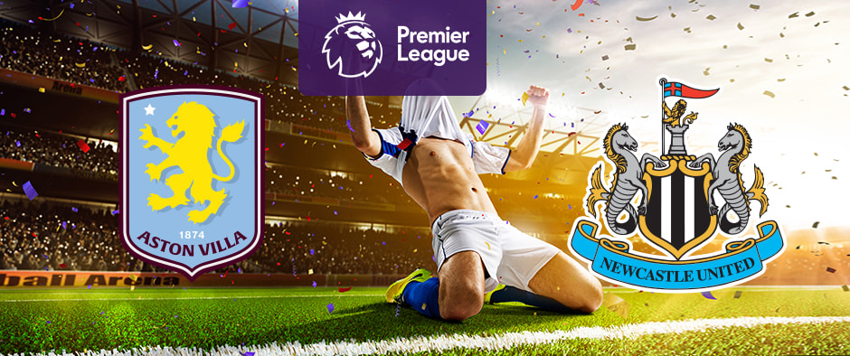 The image shows the logos of two Premier League football clubs, Aston Villa and Newcastle United, displayed in front of a jubilant football player who is sliding on his knees in celebration. The Aston Villa logo is on the left side, featuring a yellow lion and the text "1874" and "Aston Villa." The Newcastle United logo is on the right side, featuring two seahorses and a castle with a red flag, along with the text "Newcastle United." In the centre, there is the Premier League logo, consisting of a lion's head above the text "Premier League." The background depicts a stadium filled with cheering fans and confetti raining down, creating a celebratory atmosphere.