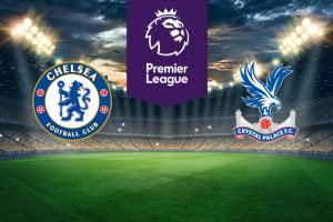 The image shows the logos of two Premier League football clubs, Chelsea and Crystal Palace, displayed on a football pitch background. The Chelsea logo is on the left side, featuring a blue lion holding a staff, with red roses and footballs, and the text
