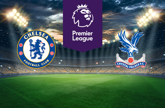 The image shows the logos of two Premier League football clubs, Chelsea and Crystal Palace, displayed on a football pitch background. The Chelsea logo is on the left side, featuring a blue lion holding a staff, with red roses and footballs, and the text "Chelsea Football Club." The Crystal Palace logo is on the right side, featuring an eagle perched on a football, with the text "Crystal Palace F.C." In the centre, there is the Premier League logo, consisting of a lion's head above the text "Premier League." The background depicts a lit football stadium with a dramatic, cloudy sky above.
