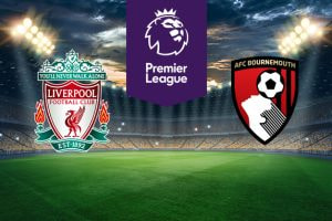 The image shows the logos of two Premier League football clubs, Liverpool FC and AFC Bournemouth, displayed on a football field background. The Liverpool FC logo is on the left side, featuring a red liver bird and the text