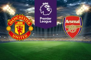 The image shows the logos of two Premier League football clubs, Manchester United and Arsenal, displayed on a football pitch background. The Manchester United logo is on the left side, featuring a red and yellow crest with a ship and a devil holding a trident, along with the text 