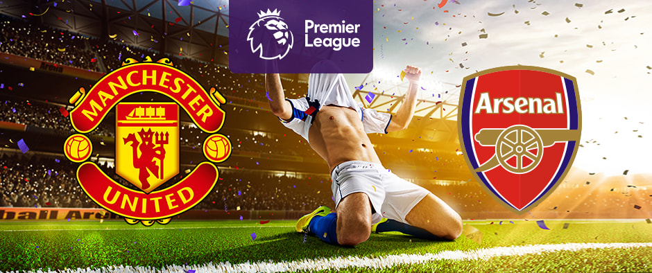 The image shows the logos of two Premier League football clubs, Manchester United and Arsenal, displayed in front of a jubilant football player who is sliding on his knees in celebration. The Manchester United logo is on the left side, featuring a red and yellow crest with a ship and a devil holding a trident, along with the text "Manchester United." The Arsenal logo is on the right side, featuring a red shield with a cannon and the text "Arsenal." In the centre, there is the Premier League logo, consisting of a lion's head above the text "Premier League." The background depicts a stadium filled with cheering fans and confetti raining down, creating a celebratory atmosphere.